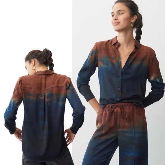 Anthropologie Cloth & Stone Tie-Dye Button Down Shirt Navy Rust Lg Dark Academia - Picture 1 of 10